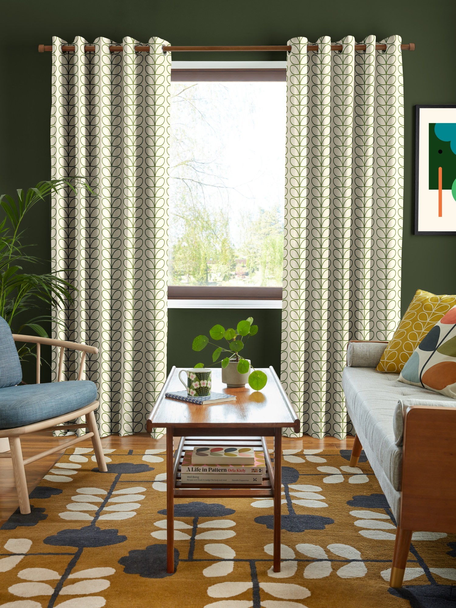 Orla Kiely Linear Stem Dark Grass Green Curtains