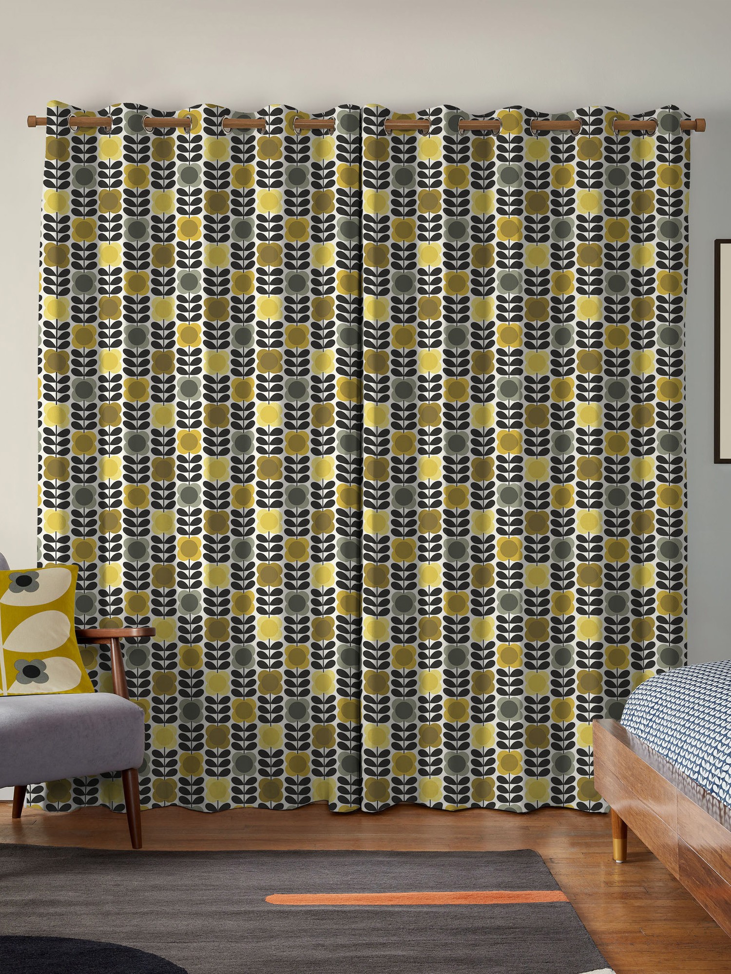 Orla Kiely Spot Flower Stem Yellow & Grey Curtains