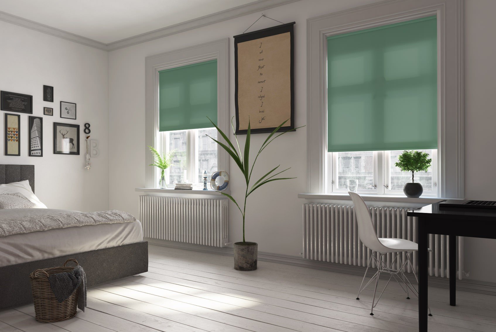 green roller blind in use