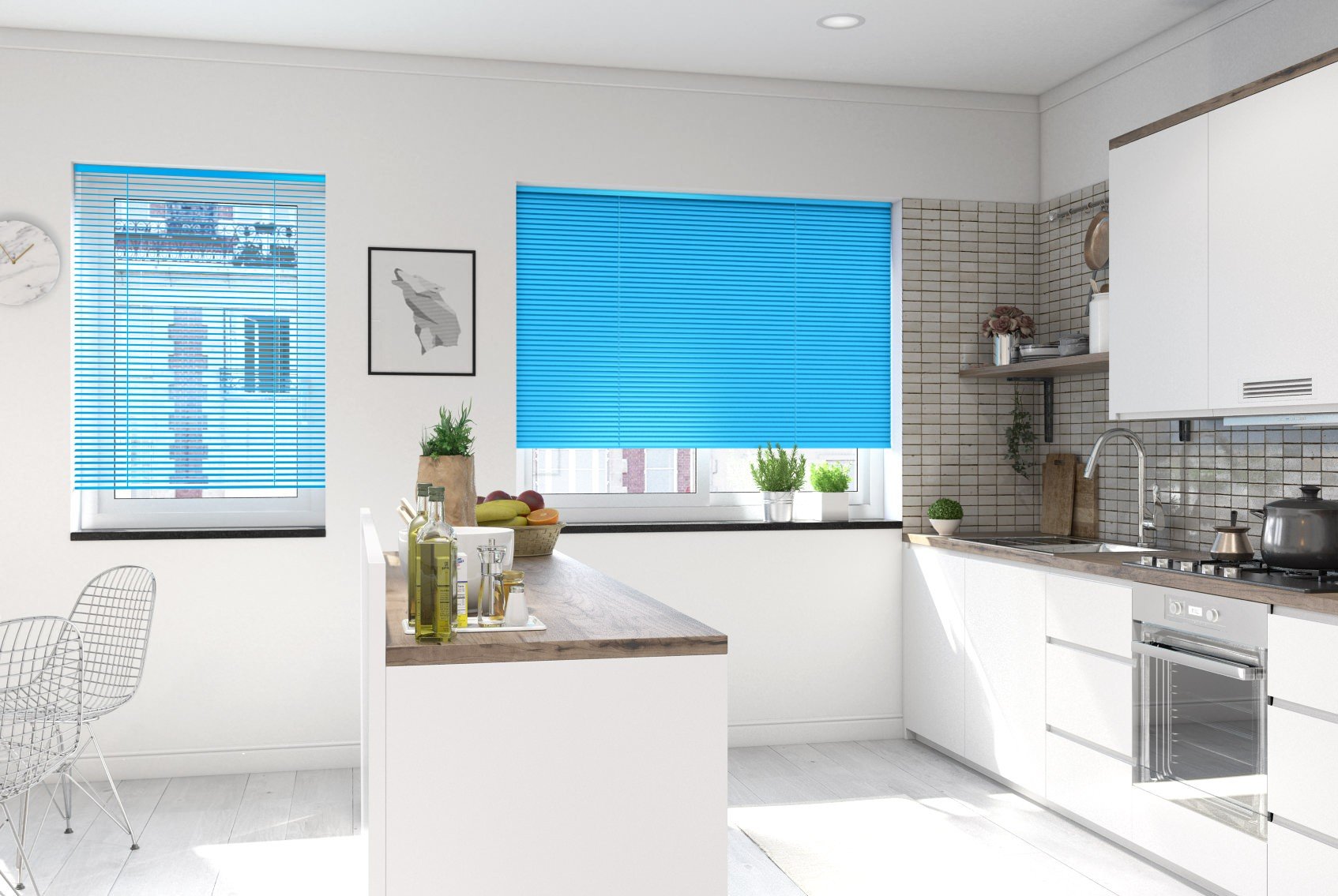 two aqua blue venetian blinds in kitchen