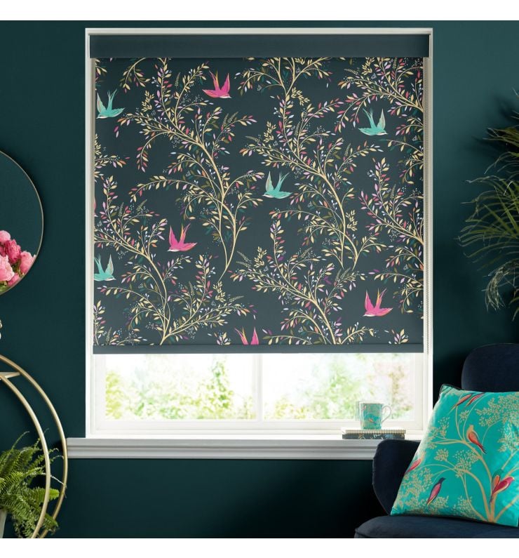 Swallows Forest Green Dimout Roller Blind
