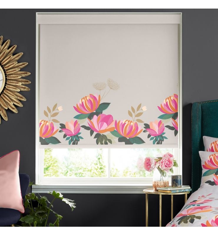 Peony Border Pale Grey Dimout Roller Blind