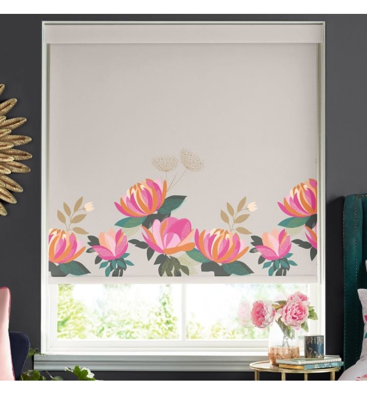 Peony Border Pale Grey Dimout Roller Blind