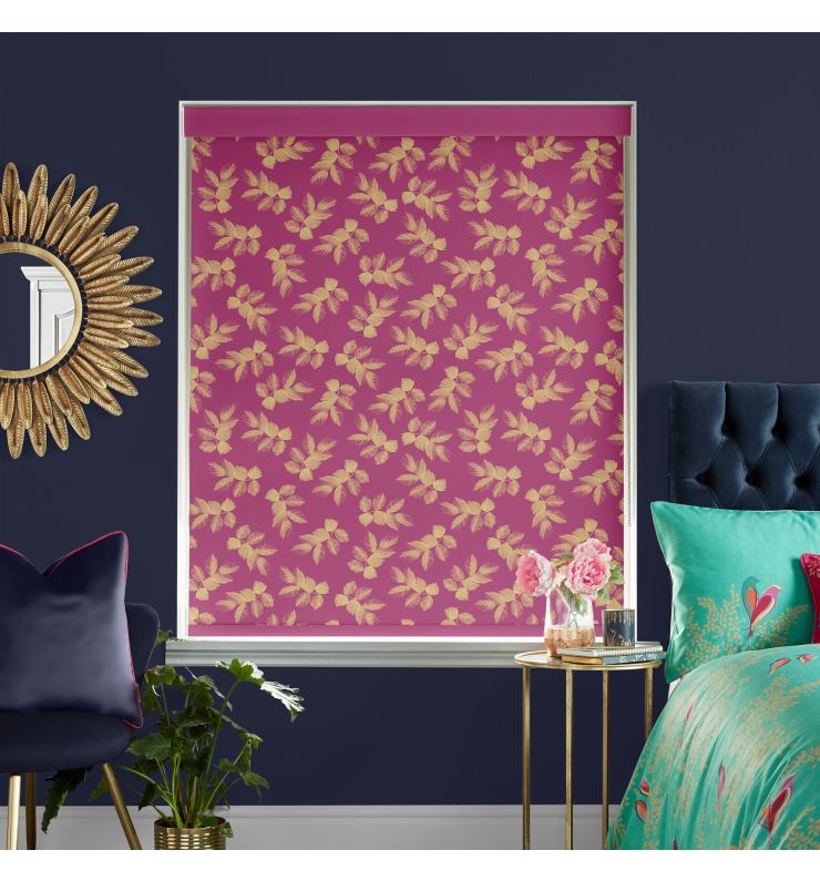 Sara Miller Etched Leaves Fuchsia Dimout Roller Blind