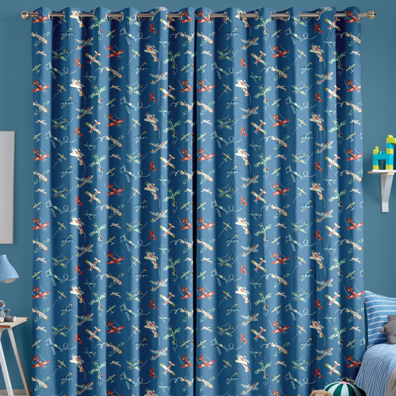 cath kidson planes mid blue curtains