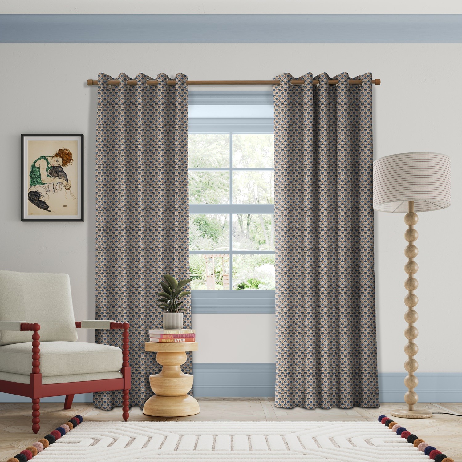land & shore geometric dawn blue red curtains