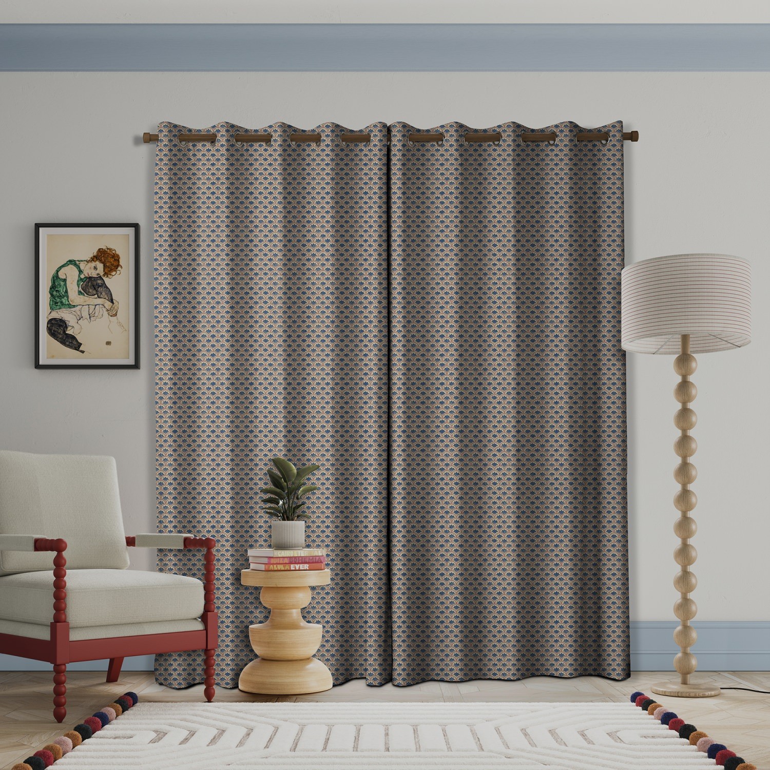 land & shore geometric dawn blue red curtains