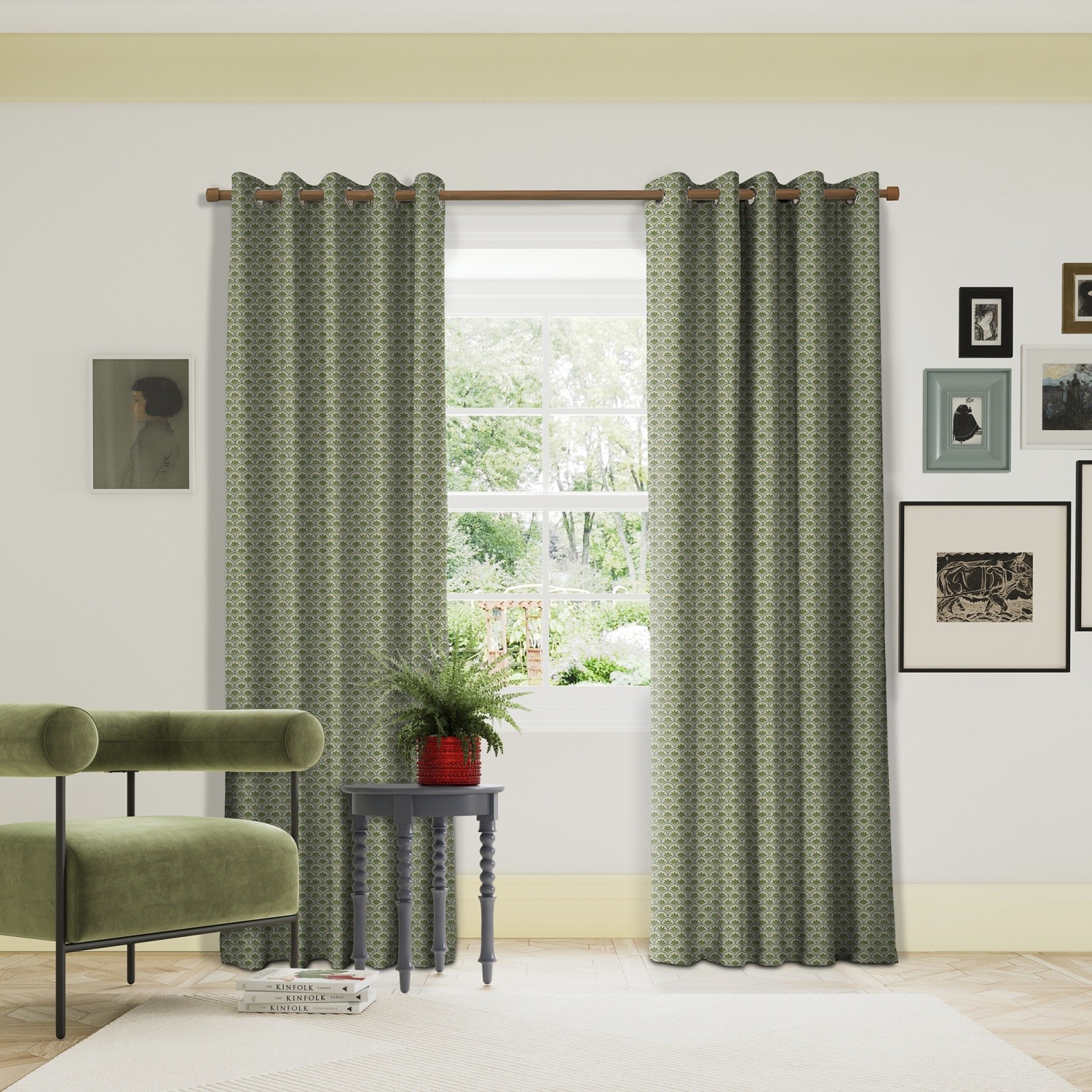 land & shore geometric dawn green curtains