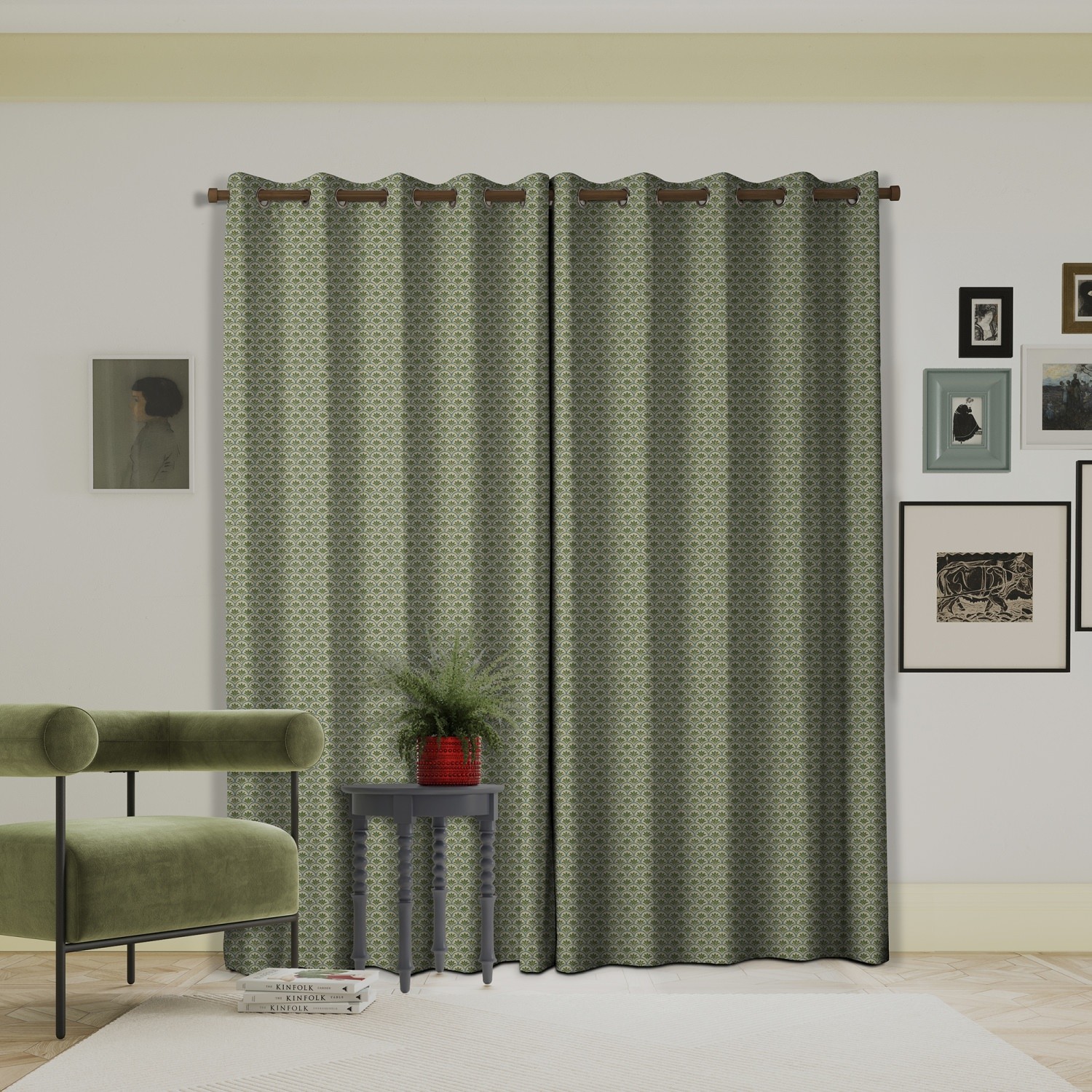 land & shore geometric dawn green curtains