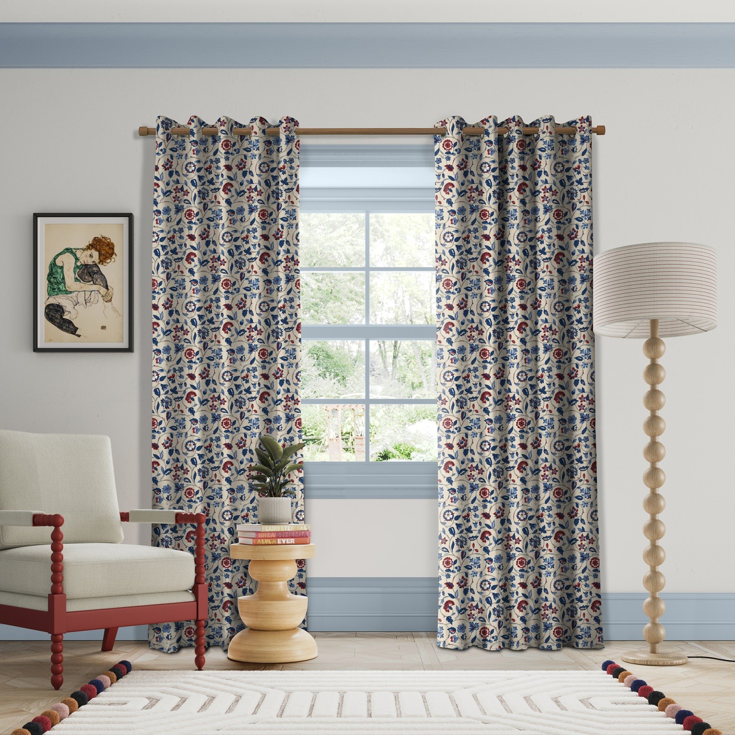 land & shore flowers & leaves esther blue red curtains