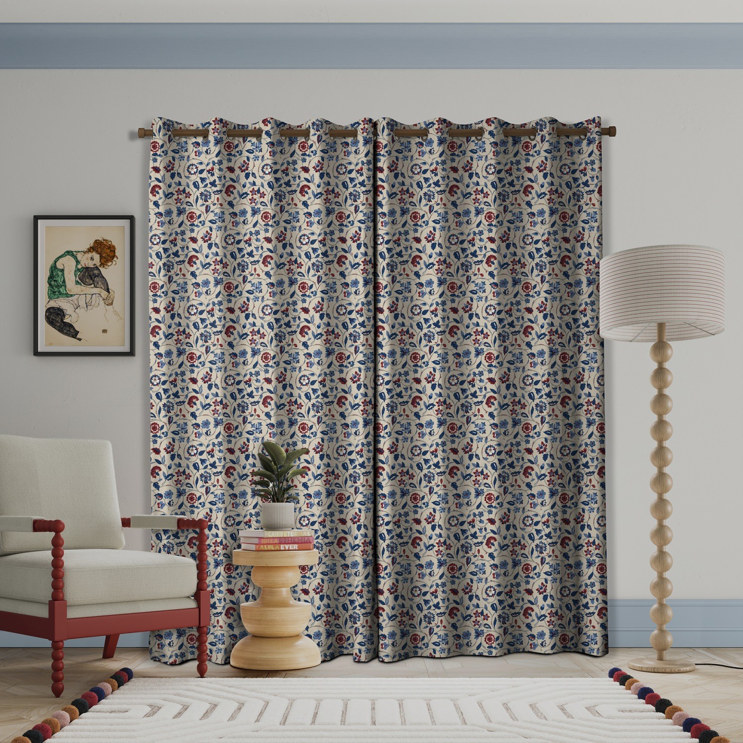 land & shore flowers & leaves esther blue red curtains