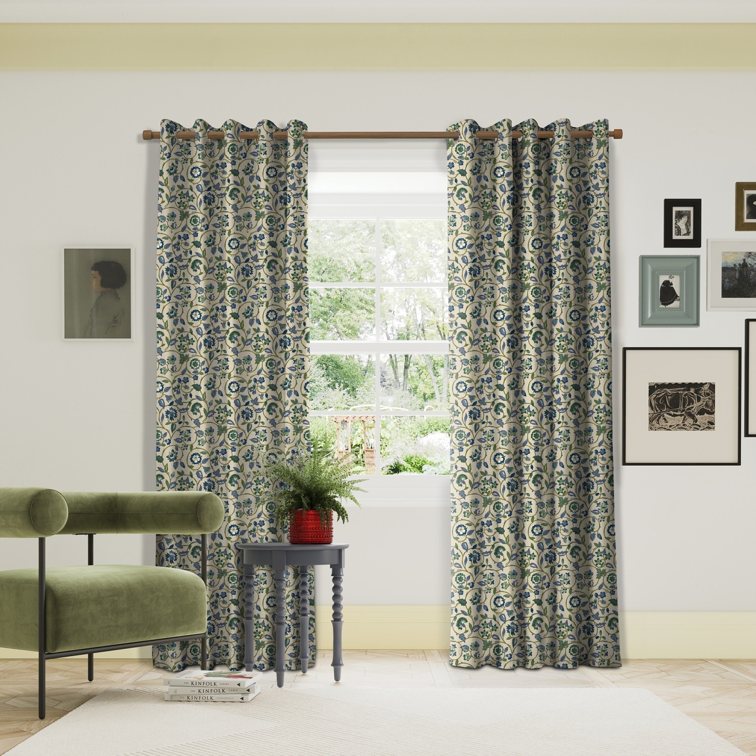 land & shore flowers & leaves esther green curtains