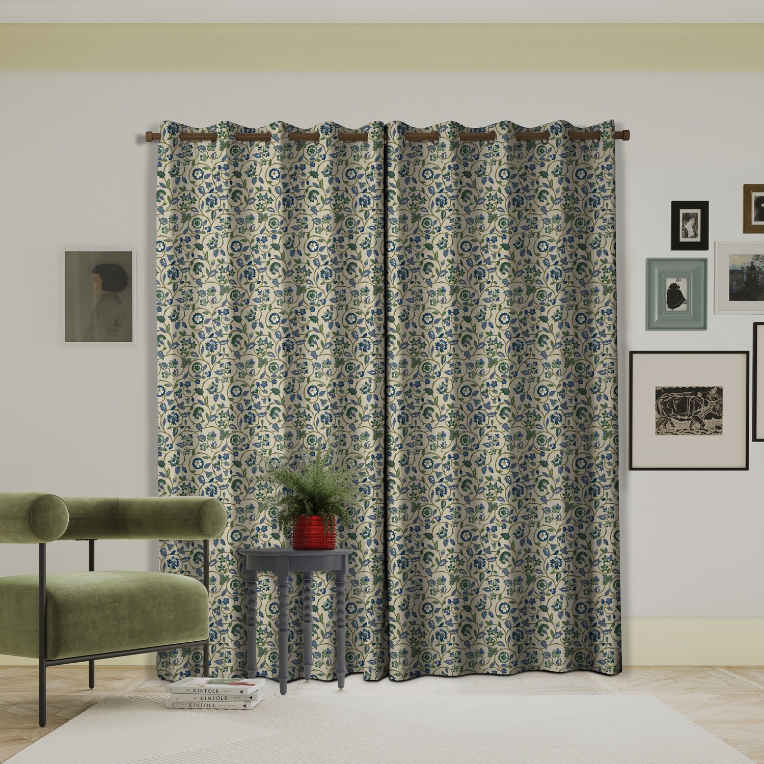 land & shore flowers & leaves esther green curtains