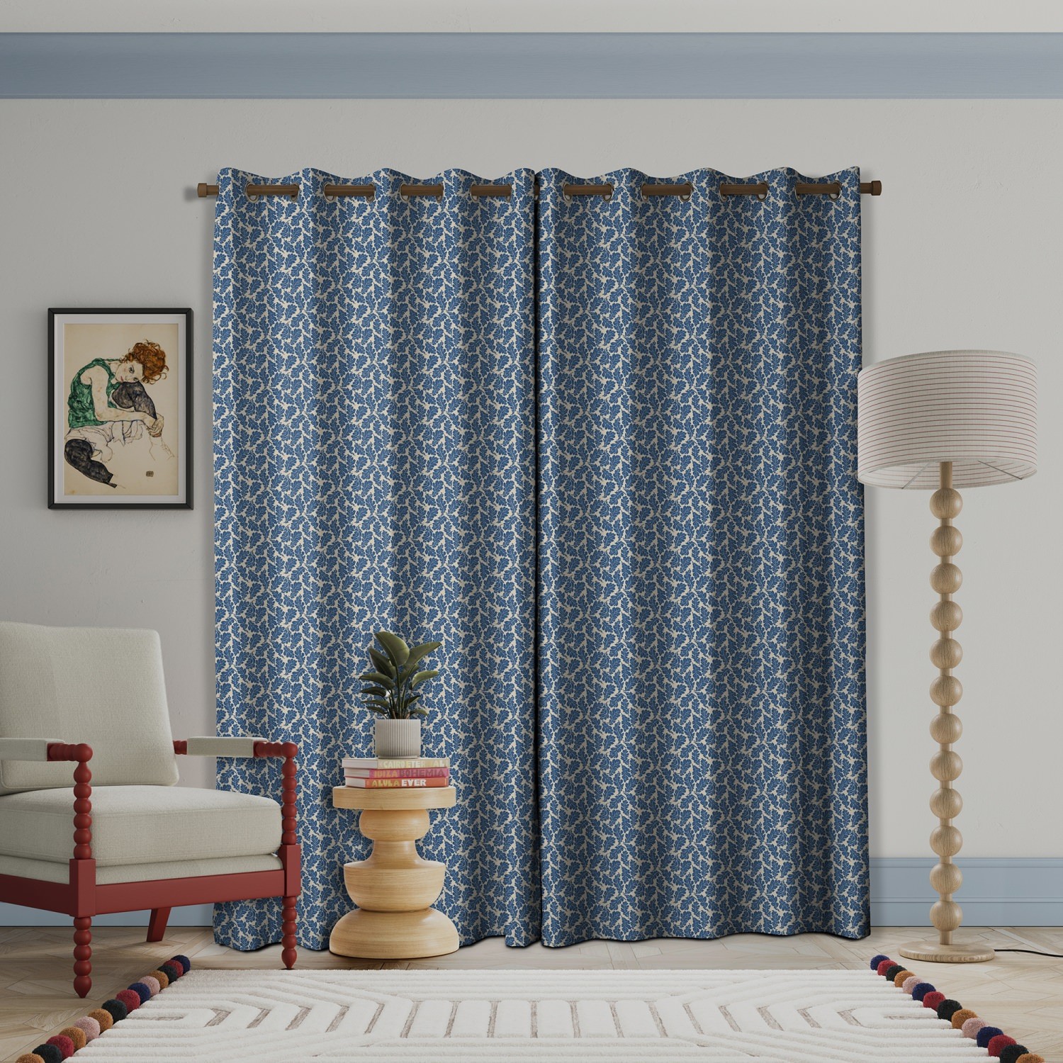 land & shore flowers & leaves oak leaf blue curtains