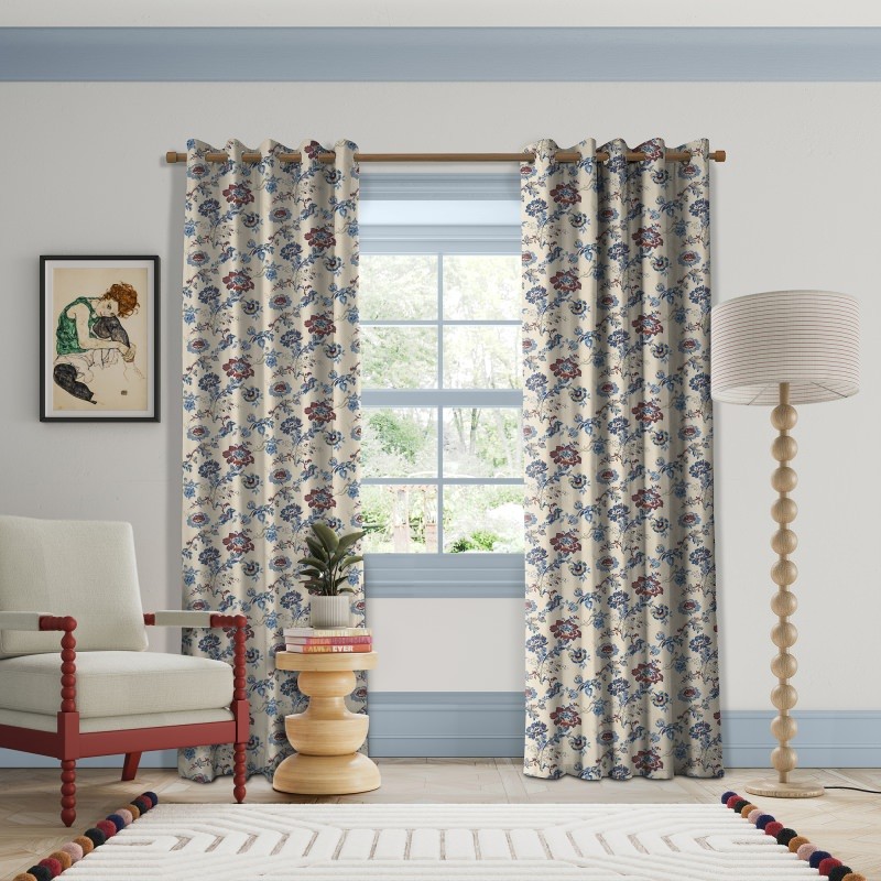 Land & Shore Flowers & Leaves Orchard Blue Red Curtains