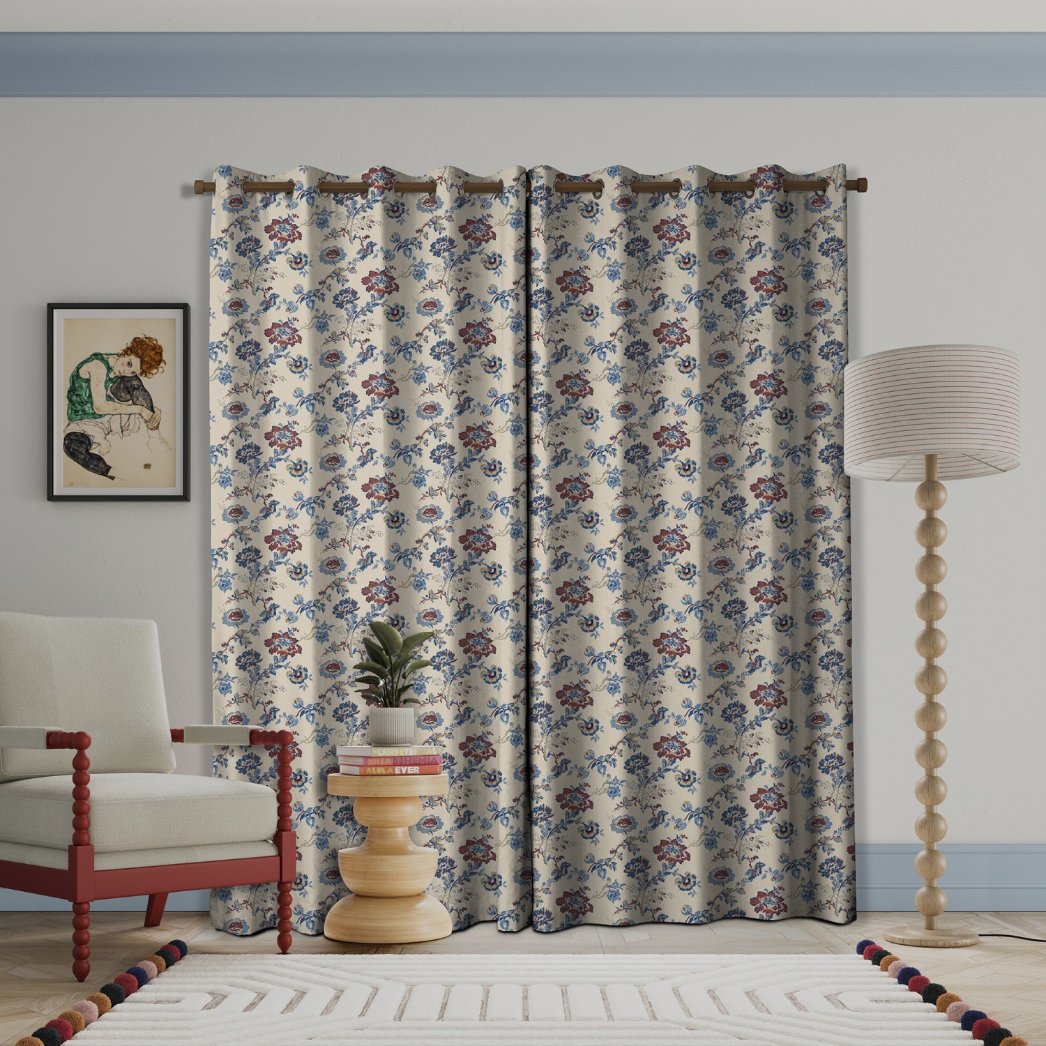 land & shore flowers & leaves orchard blue red curtains