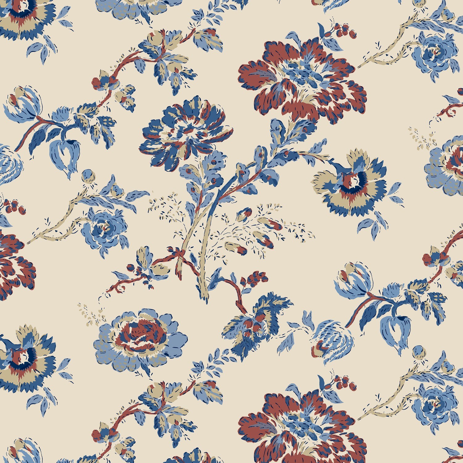 land & shore flowers & leaves orchard blue red curtains