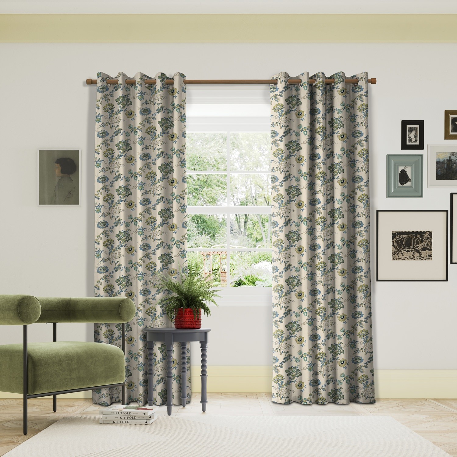 land & shore flowers & leaves orchard green curtains