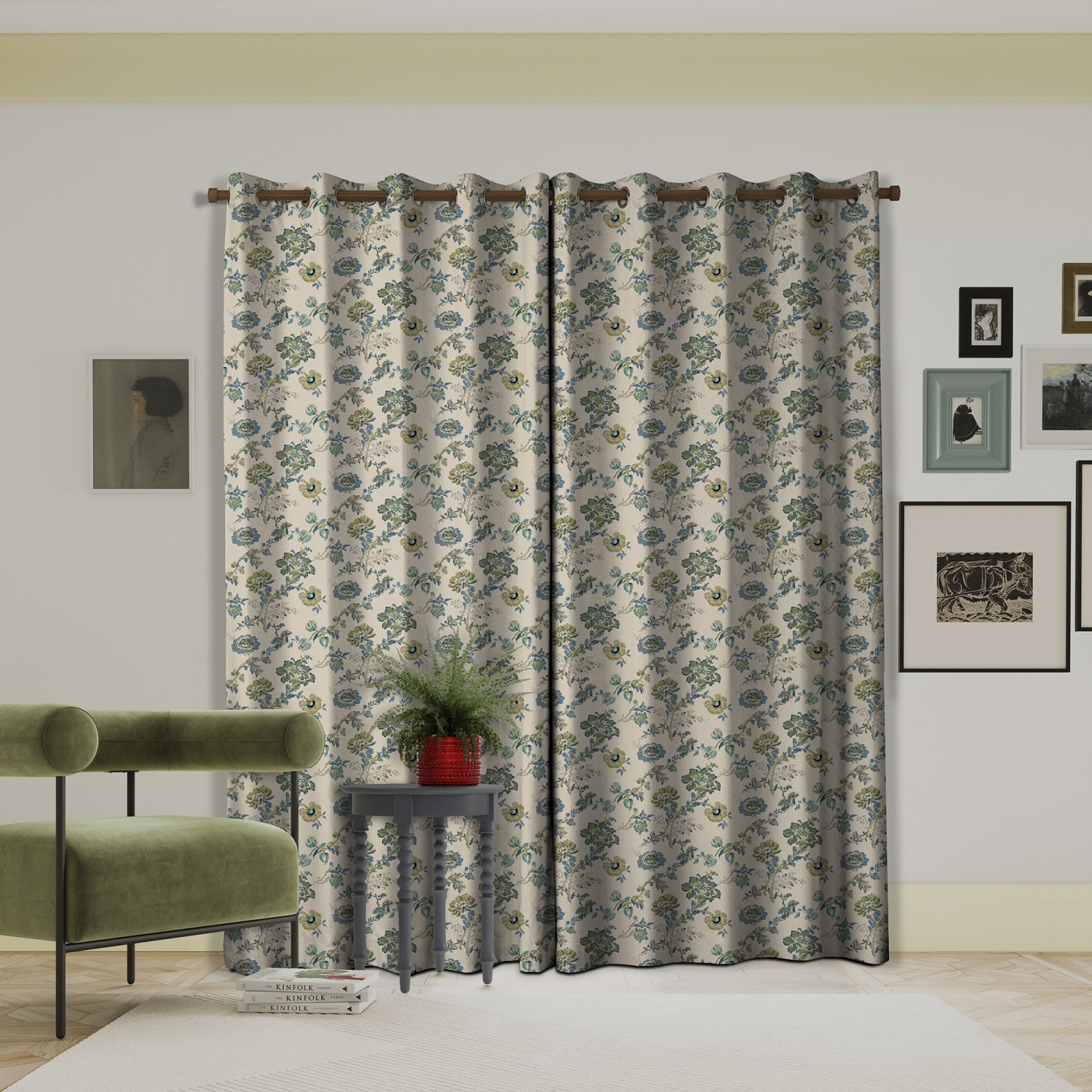 land & shore flowers & leaves orchard green curtains