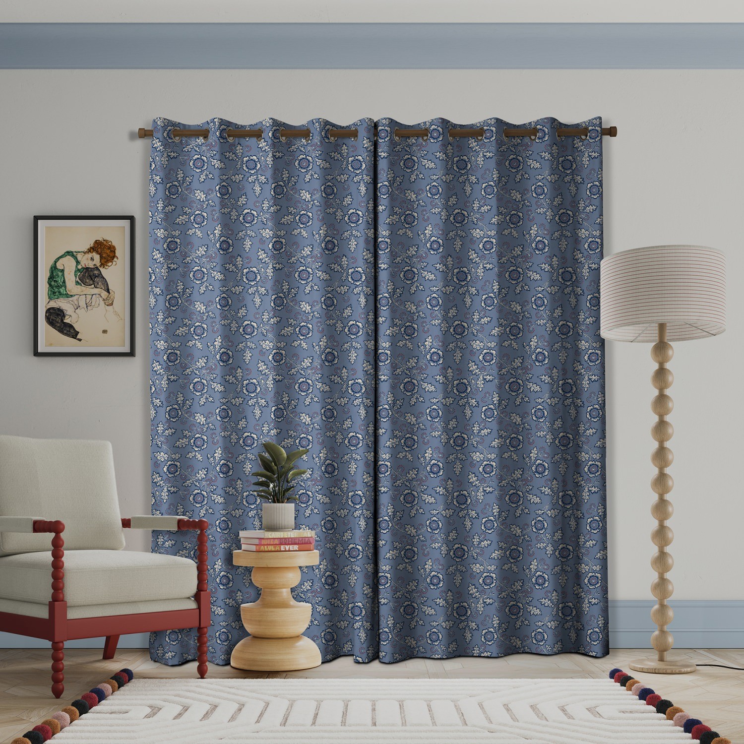 land & shore flowers & leaves river blue red curtains