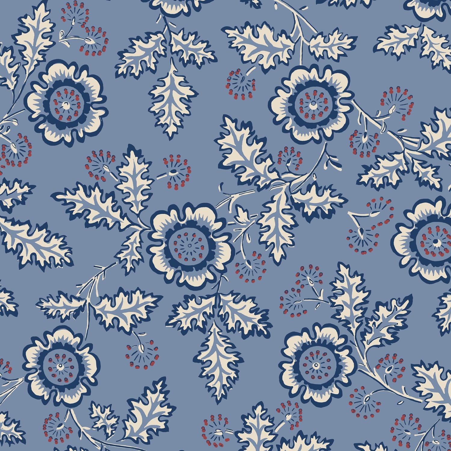 land & shore flowers & leaves river blue red curtains