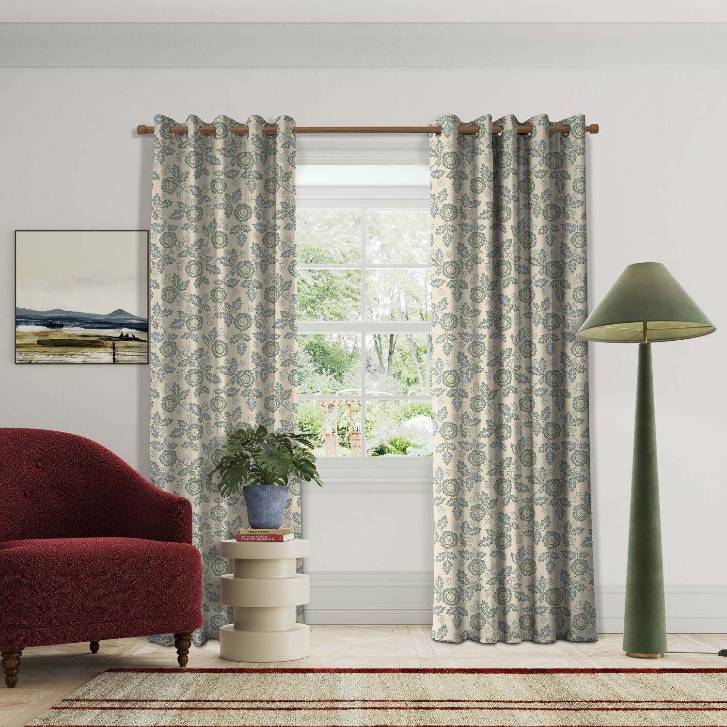 land & shore flowers & leaves river green curtains