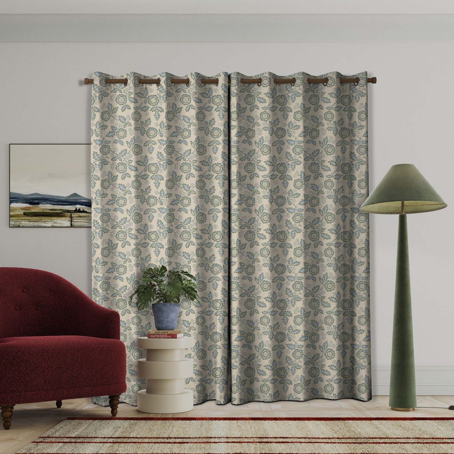 land & shore flowers & leaves river green curtains