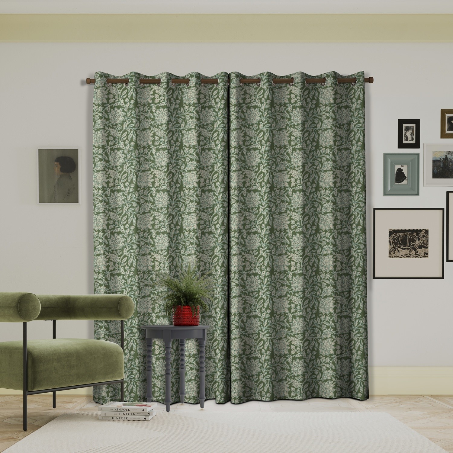 land & shore floral rowallane green curtains