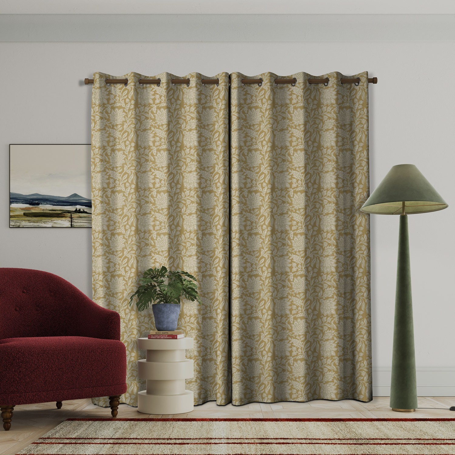 land & shore floral rowallane ochre curtains