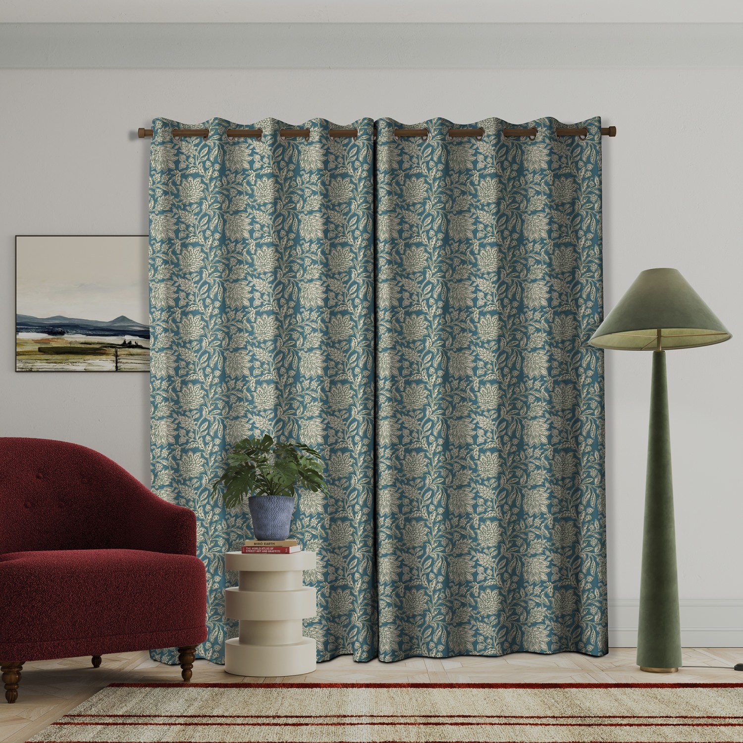 land & shore floral rowallane teal curtains