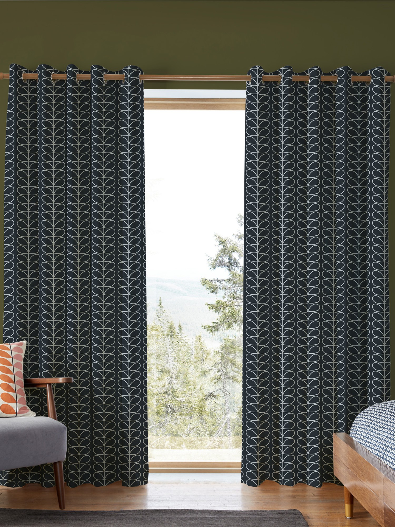 orla kiely linear stem navy whale curtains