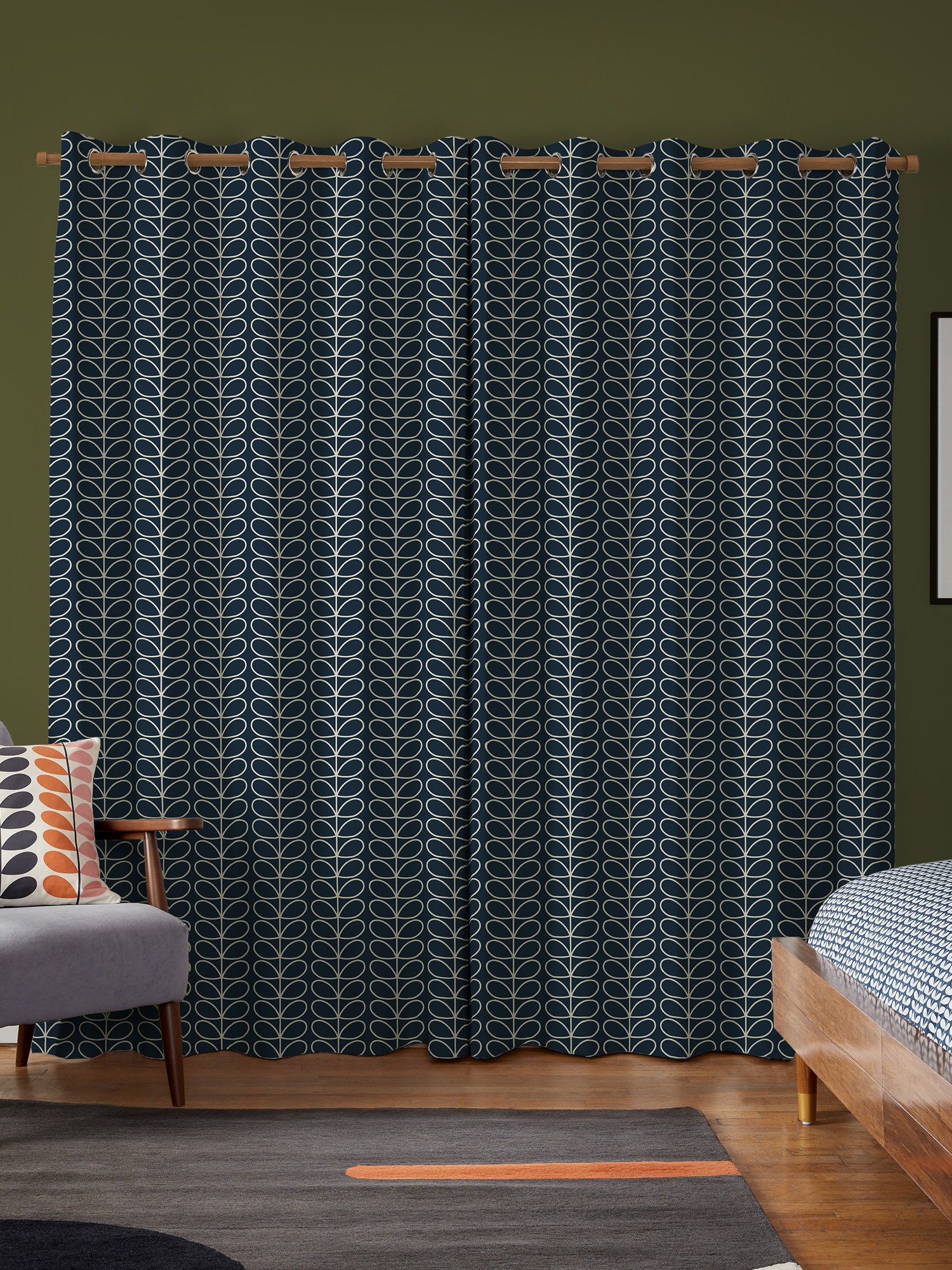 orla kiely linear stem navy whale curtains