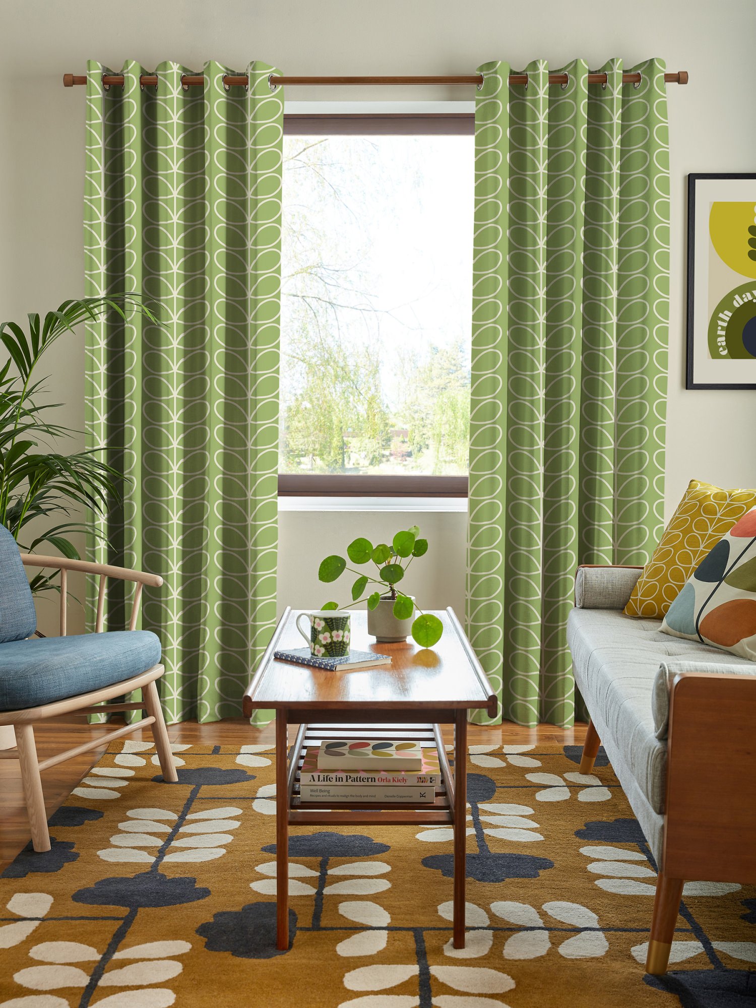 orla kiely jumbo linear stem chalky green curtains