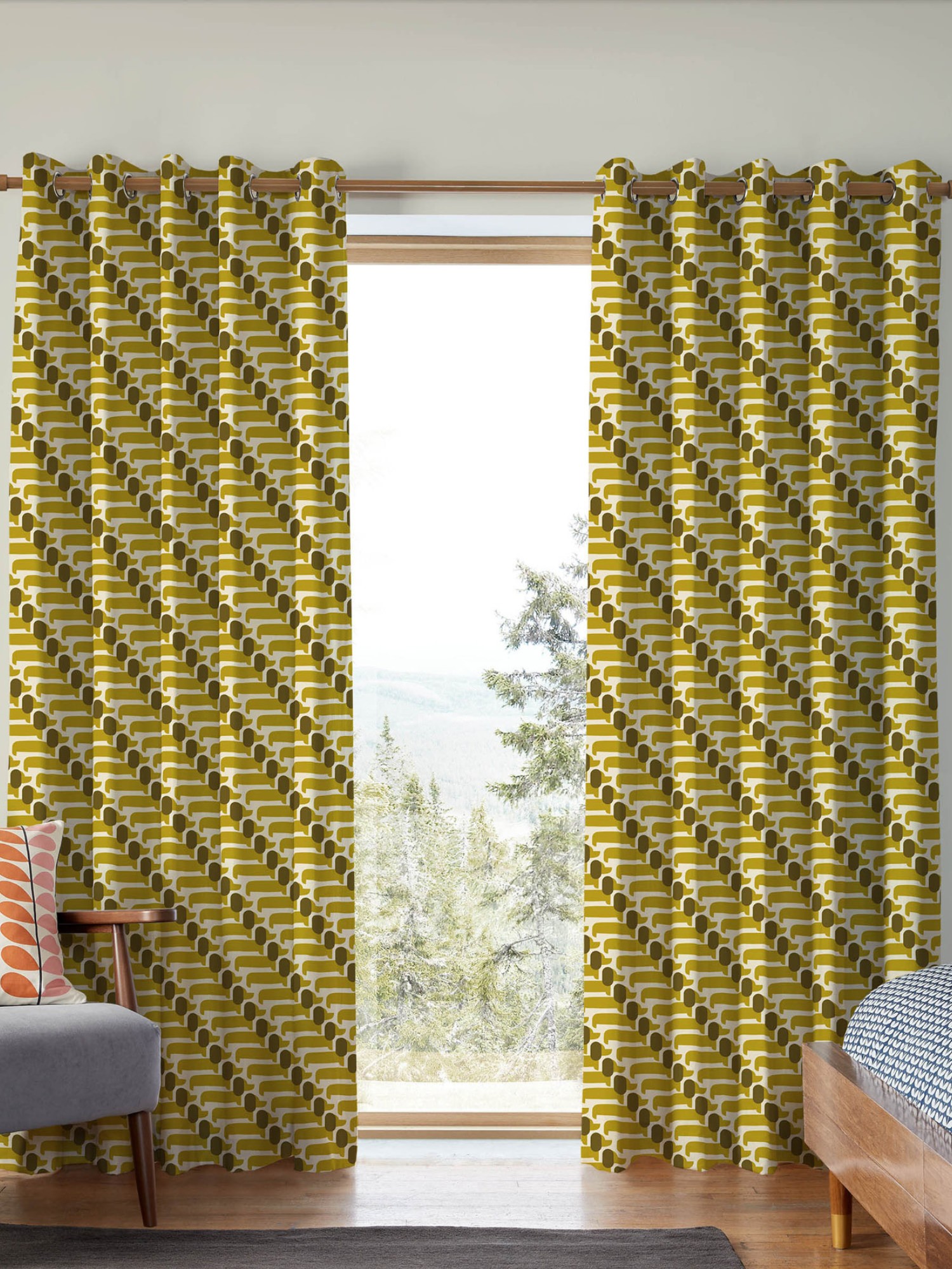 orla kiely dog show yellow curtains