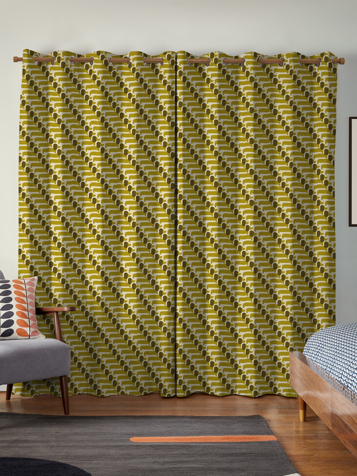 orla kiely dog show yellow curtains