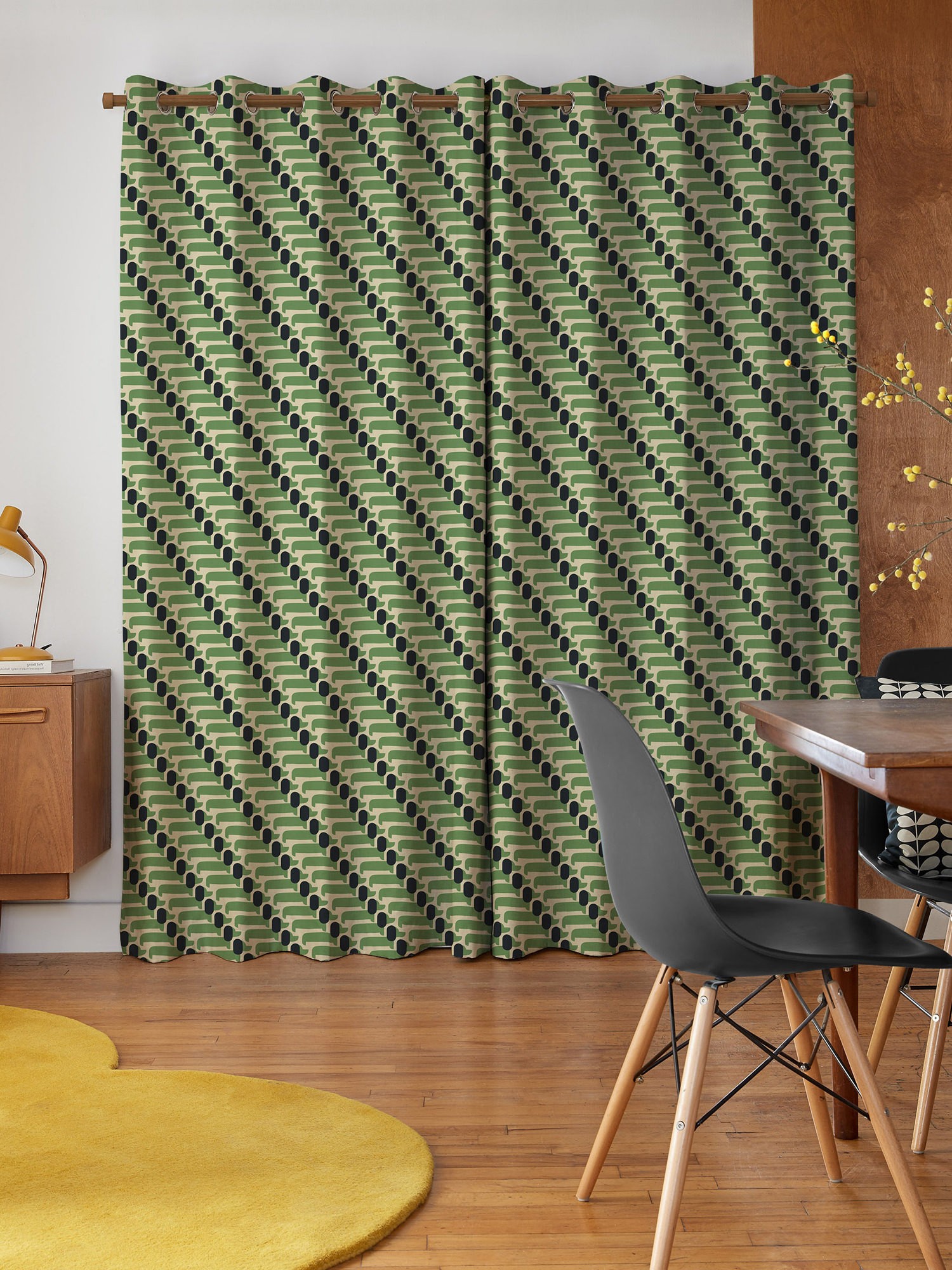 orla kiely dog show green curtains