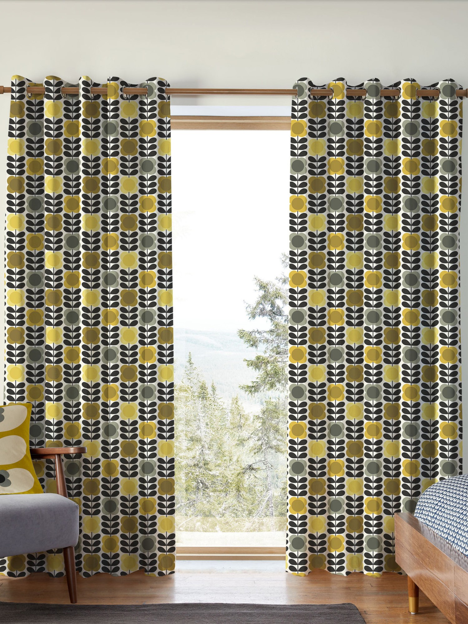 orla kiely spot flower stem yellow & grey curtains