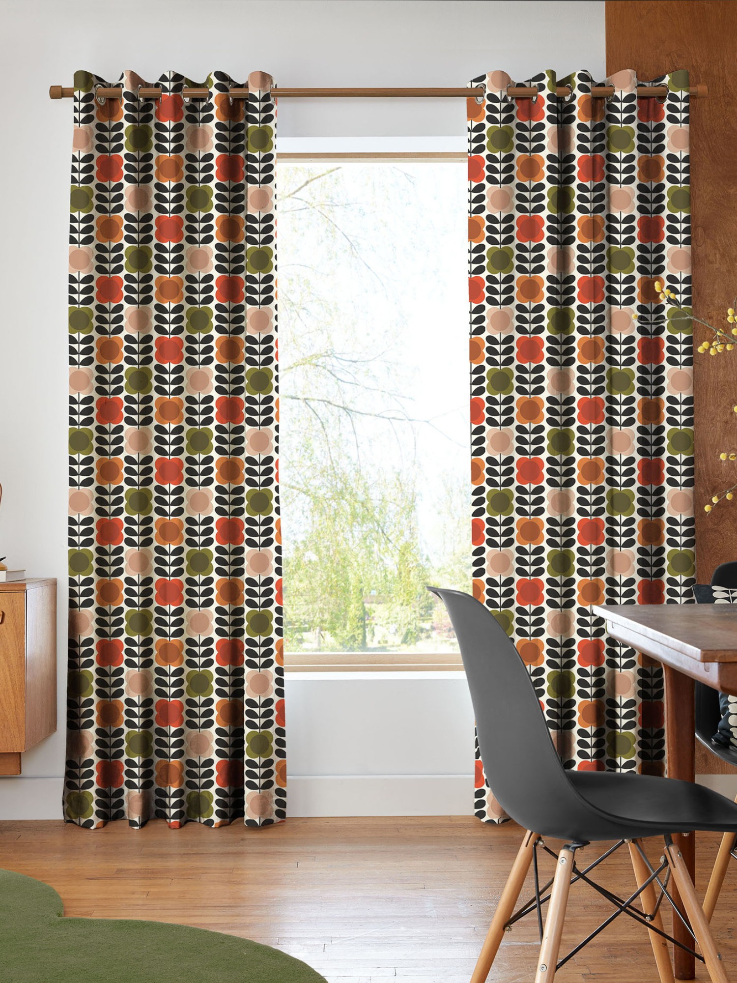 orla kiely spot flower stem tomato & pink curtains