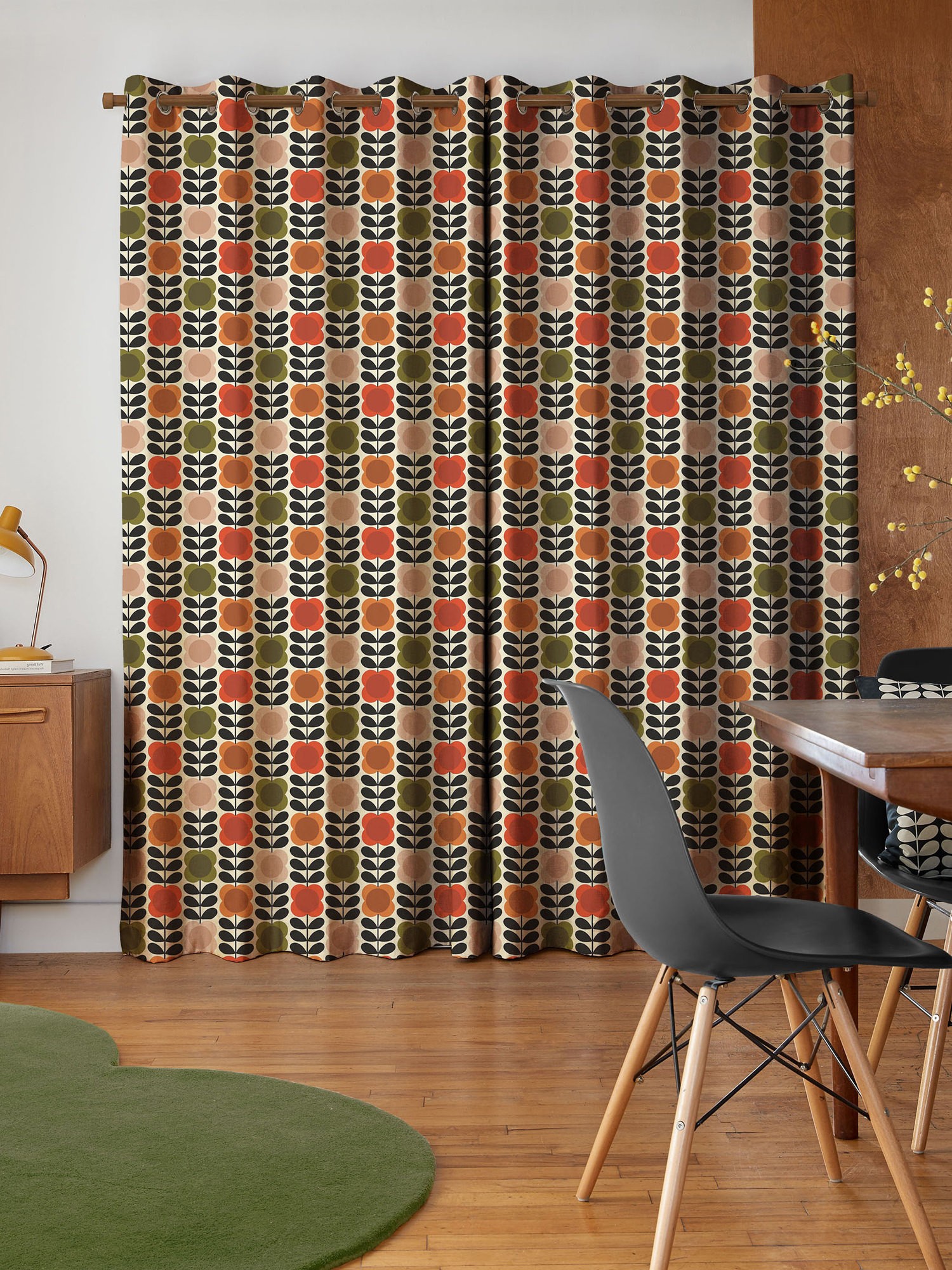 orla kiely spot flower stem tomato & pink curtains