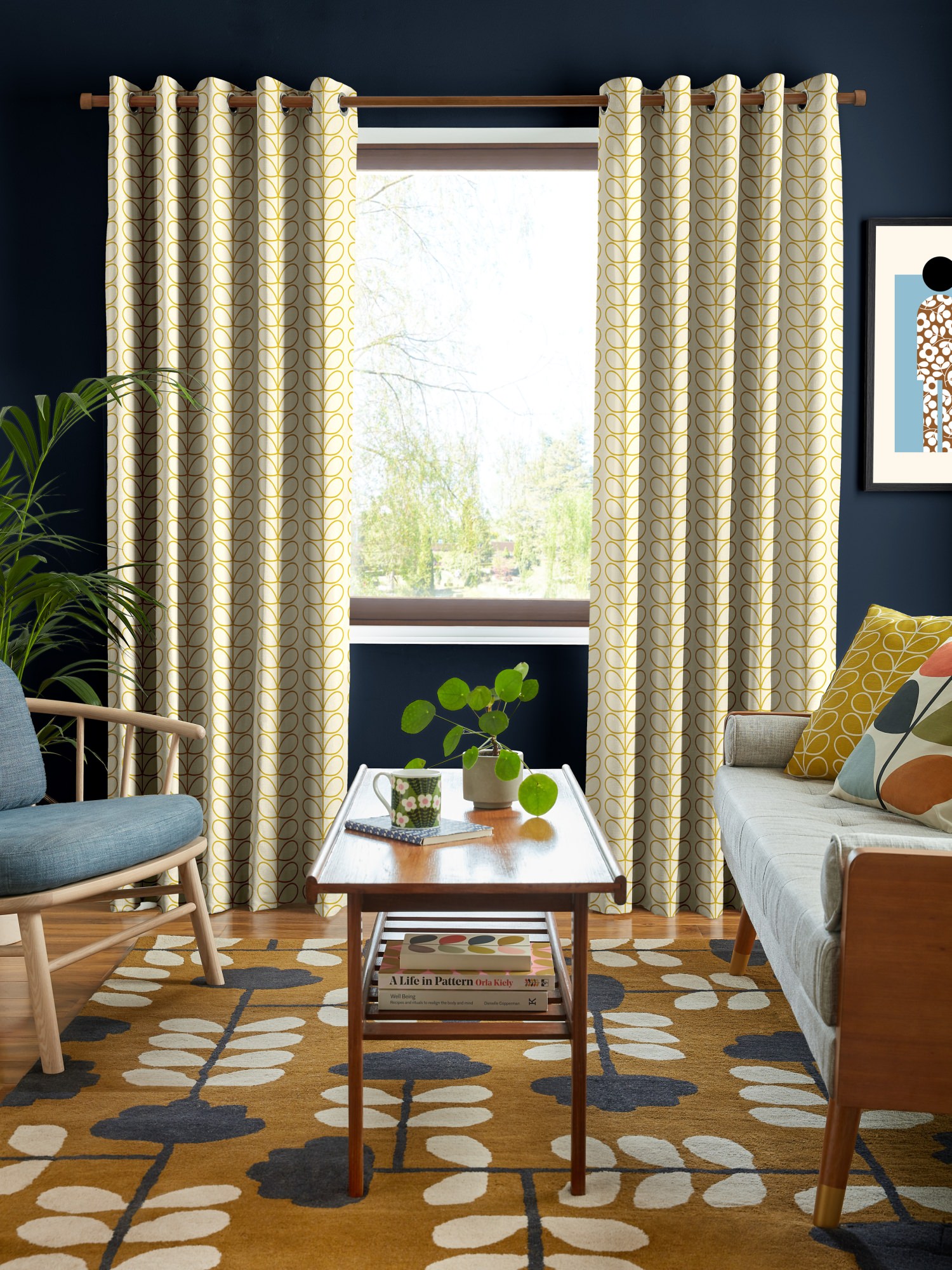 orla kiely linear stem dandelion on cream curtains
