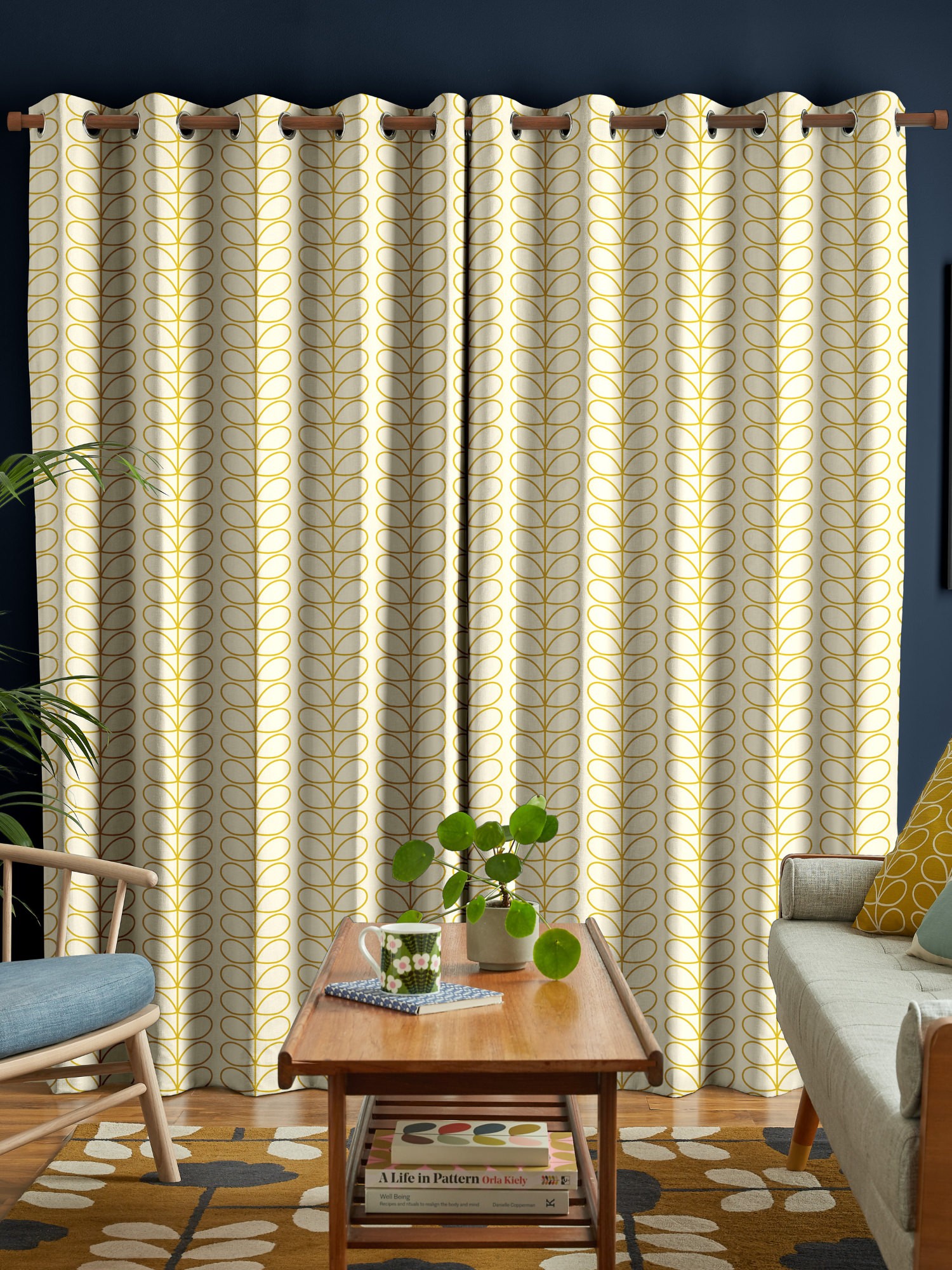 orla kiely linear stem dandelion on cream curtains