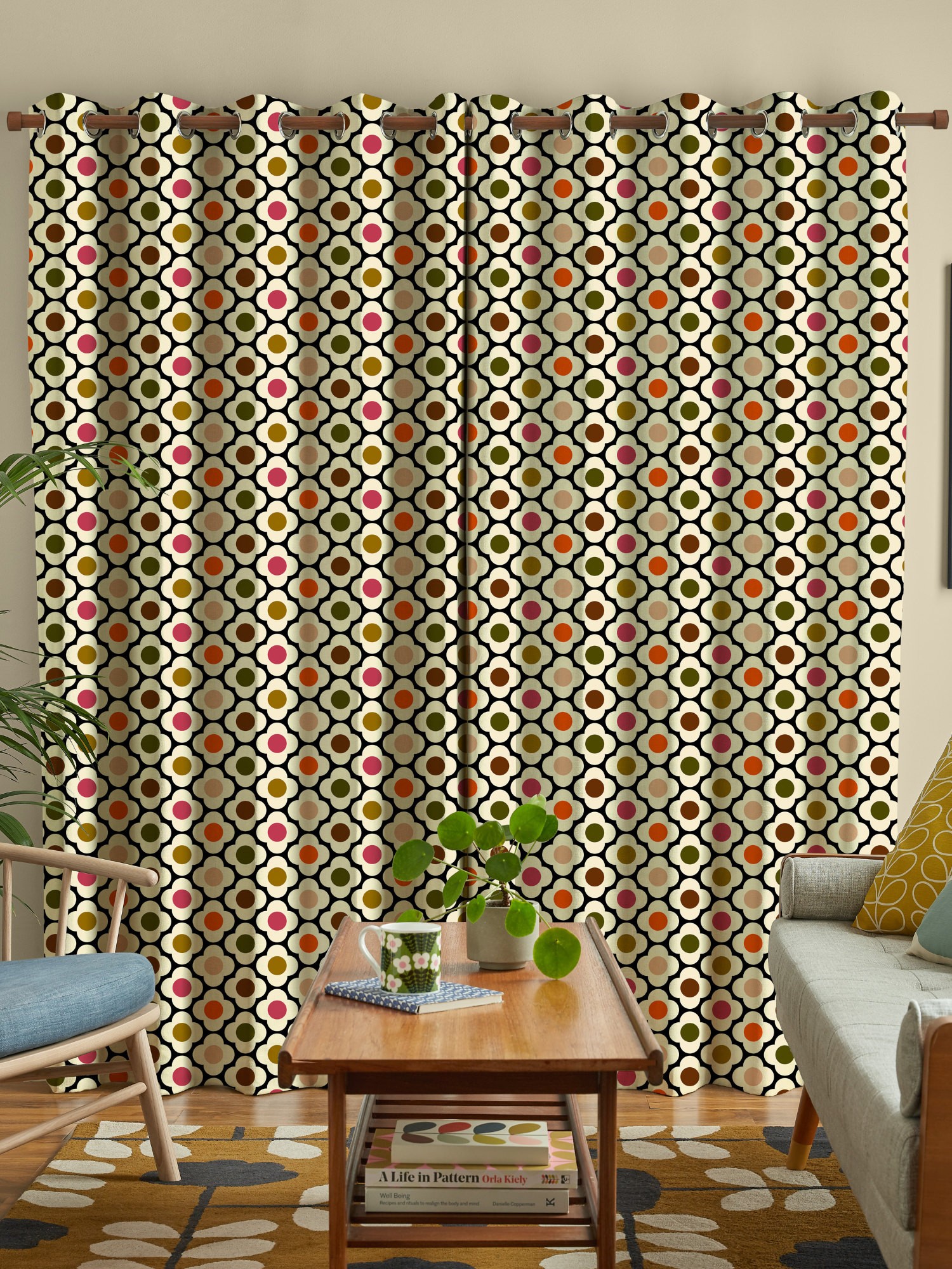 orla kiely spot flower ditsy red multi curtains