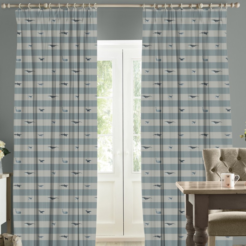 Sophie Allport Whale Stripe Deep Duckegg Curtains
