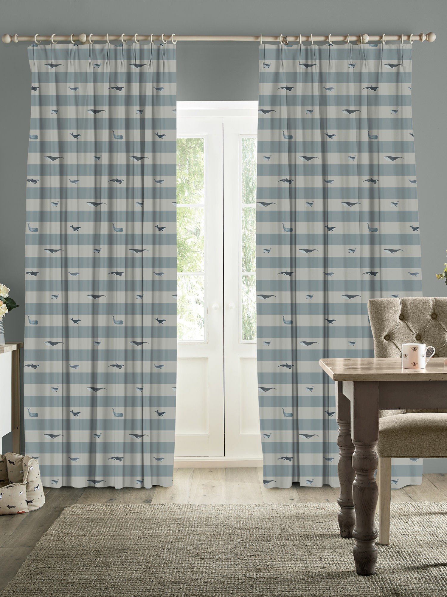 sophie allport whale stripe deep duckegg curtains