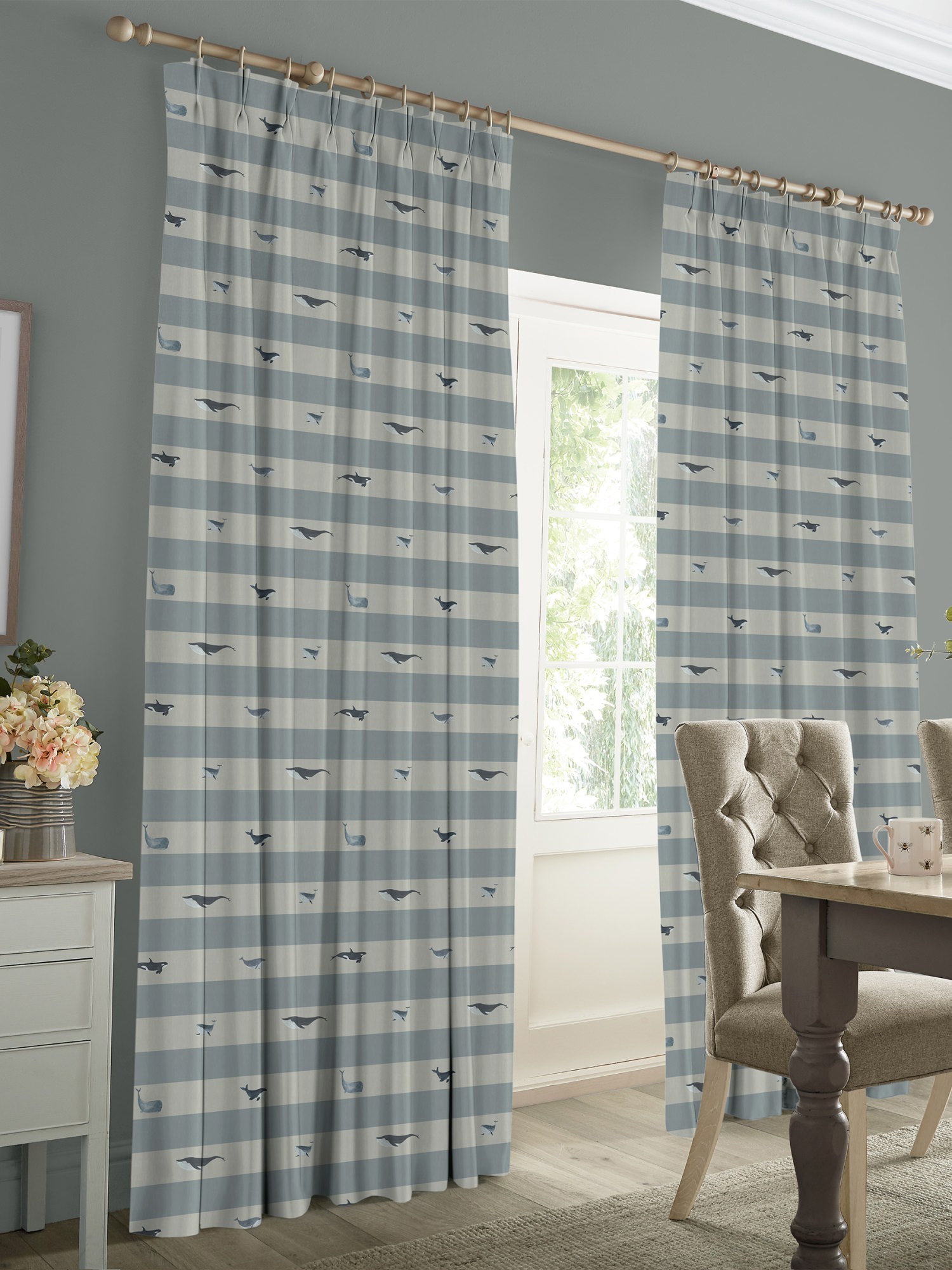 sophie allport whale stripe deep duckegg curtains