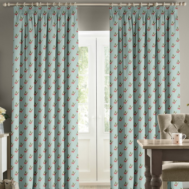 Sophie Allport Strawberries Pale Blue Curtains