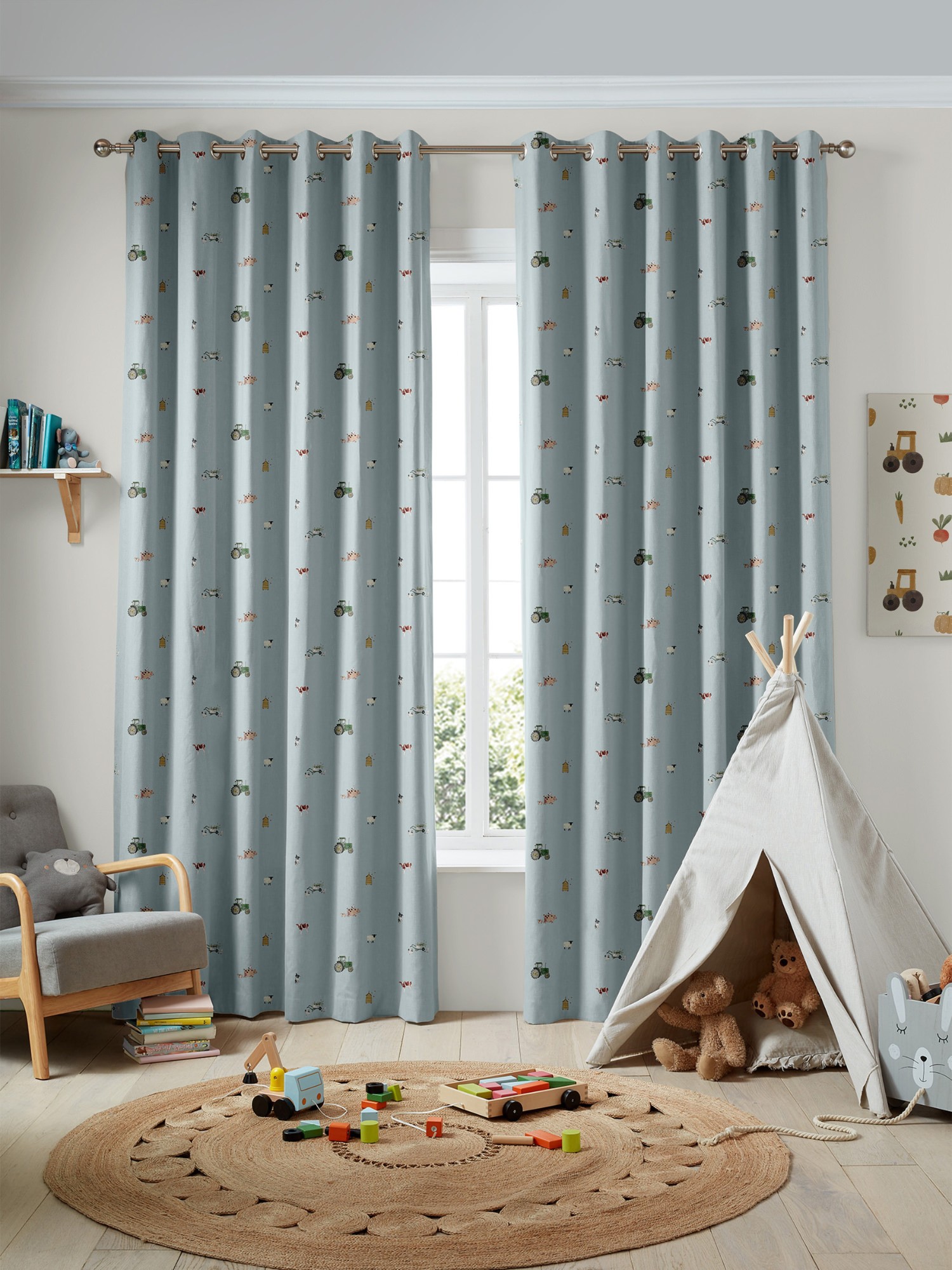 sophie allport on the farm blue curtains