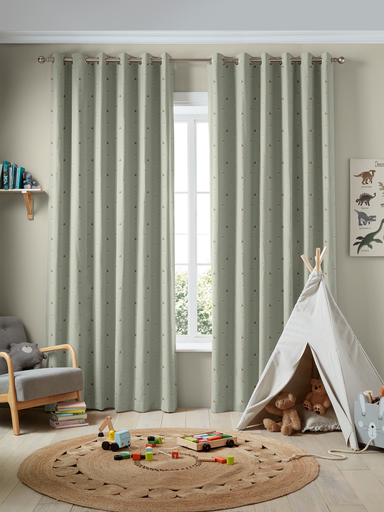 sophie allport woodland hedgehog sage green curtains
