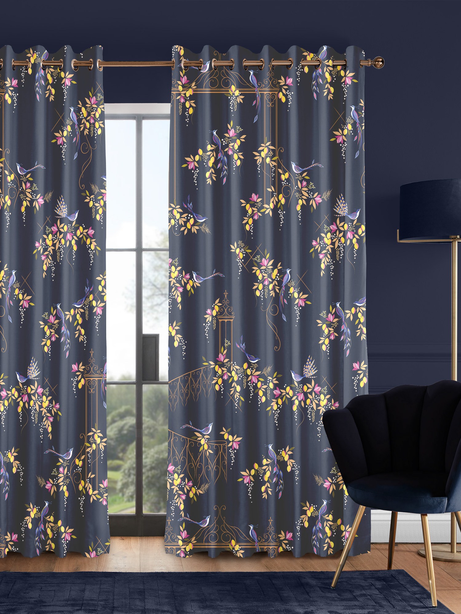 sara miller birds & gate deep navy curtains