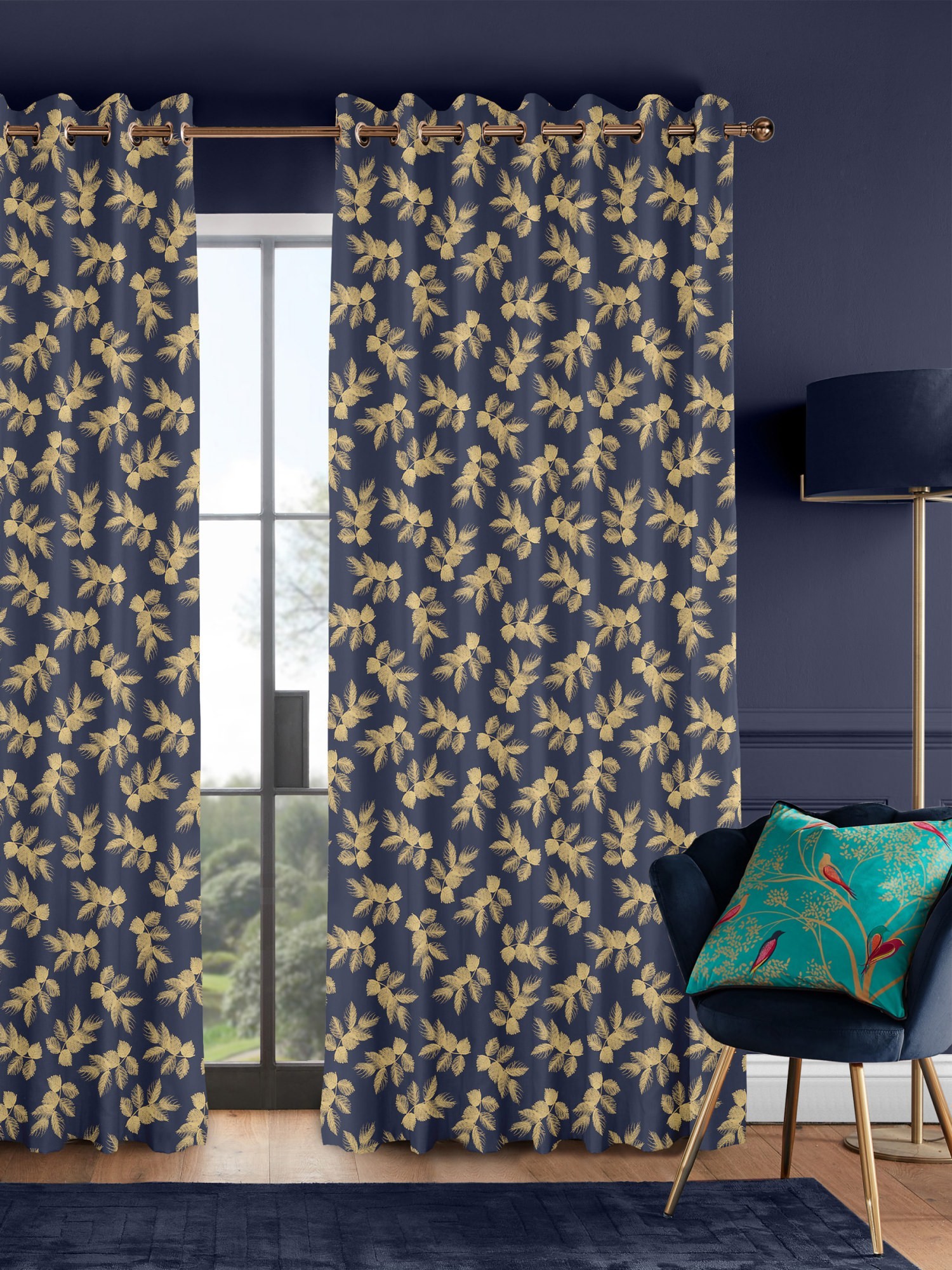 sara miller etched leaves deep navy curtains